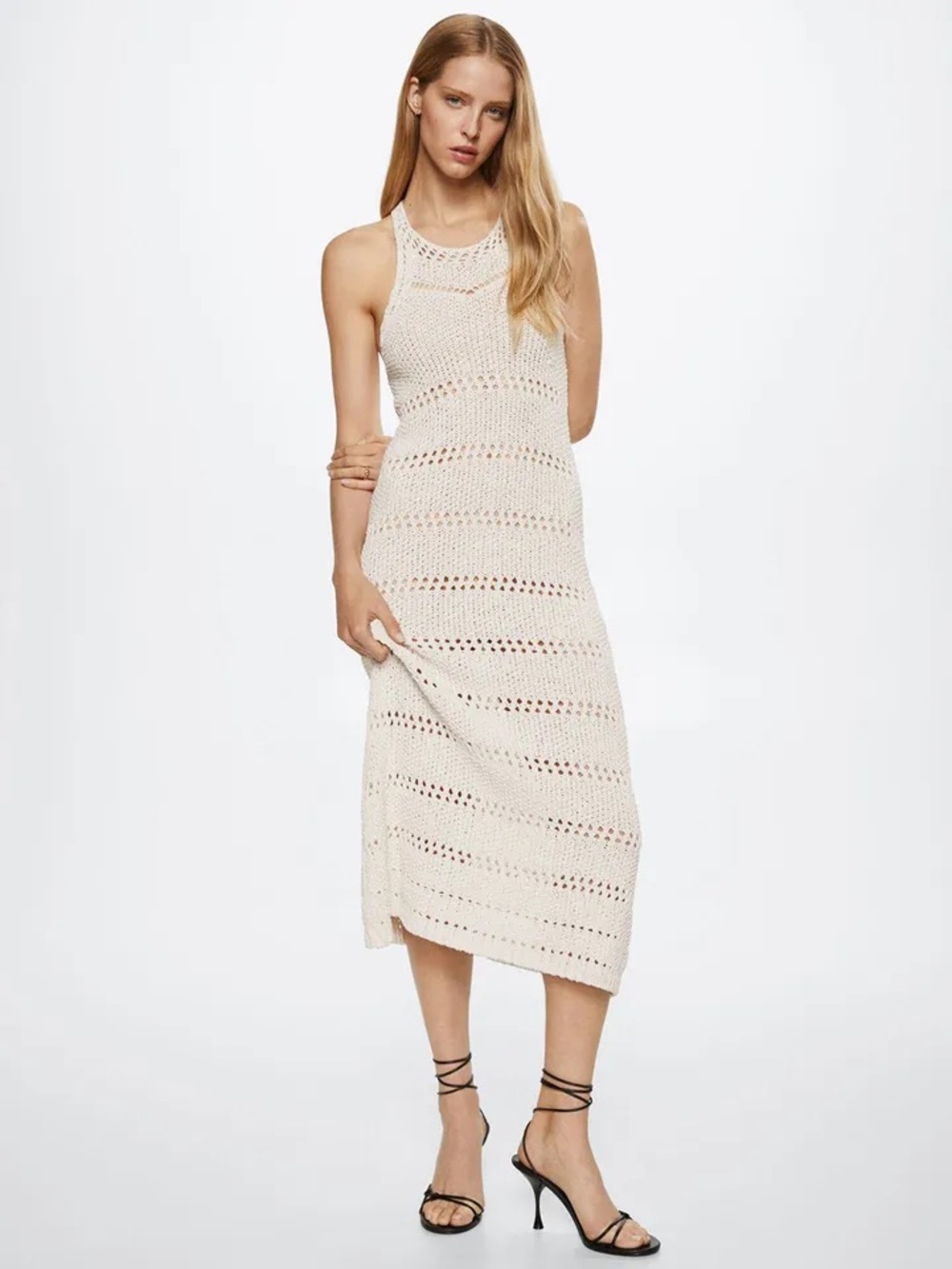 MANGO Women Beige Crochet A-Line Midi Dress. Size 4.